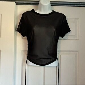 Black Sheer Mesh, short sleeve, crewneck top w/cinching side ties - size M